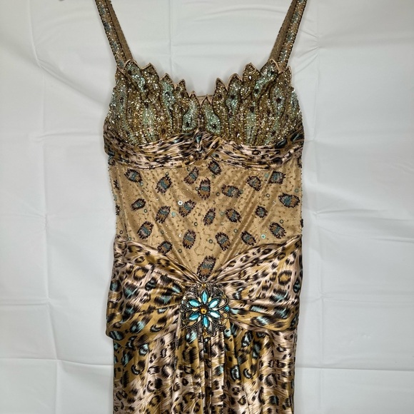 Y2K Vintage Aspeed USA Leopard Print Turquoise Accent Beaded A Line Gown size L - Picture 9 of 16